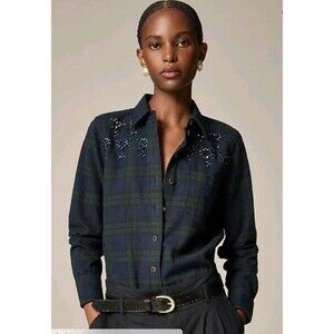J.Crew Embellished Shrunken Button-up Shirt Tartan Brushed Cotton Oxford Size 10